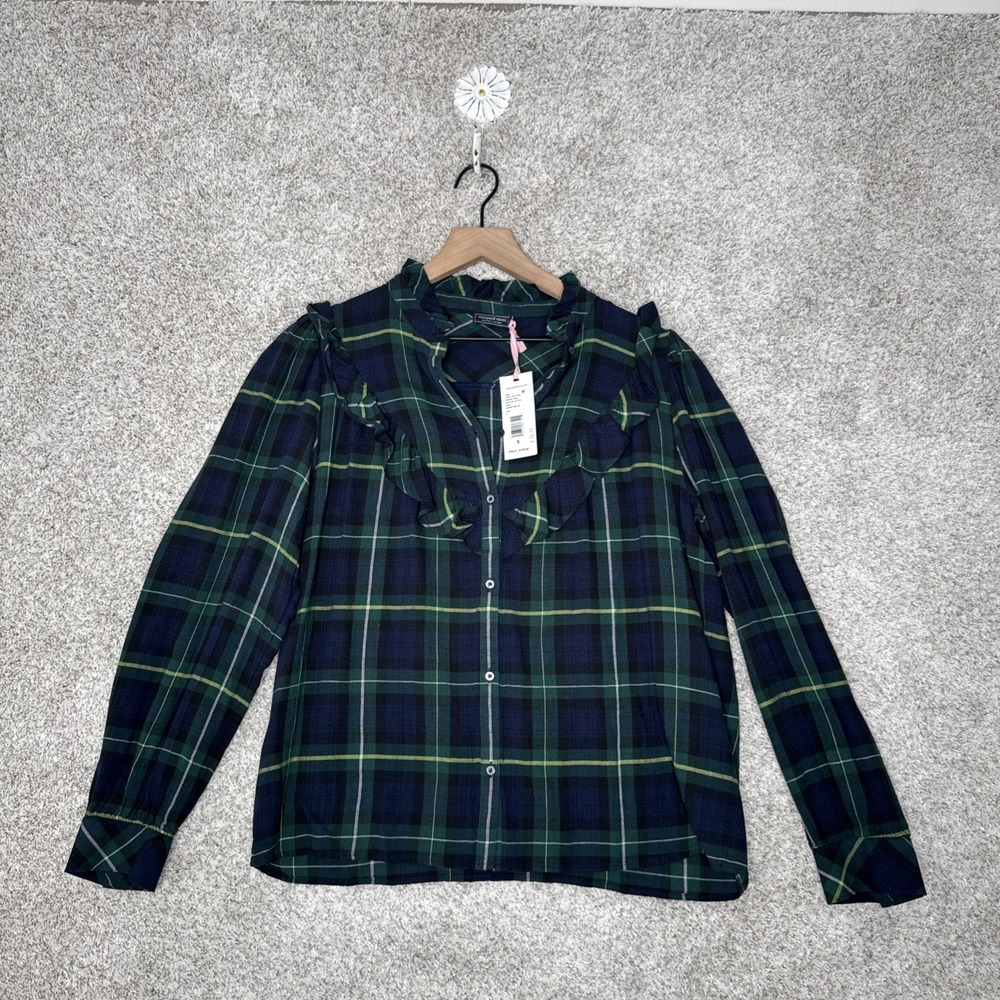 Vineyard Vines‎ Woven Ruffle Long Sleeve Wool Blend Blue Sunset Plaid Blouse - S